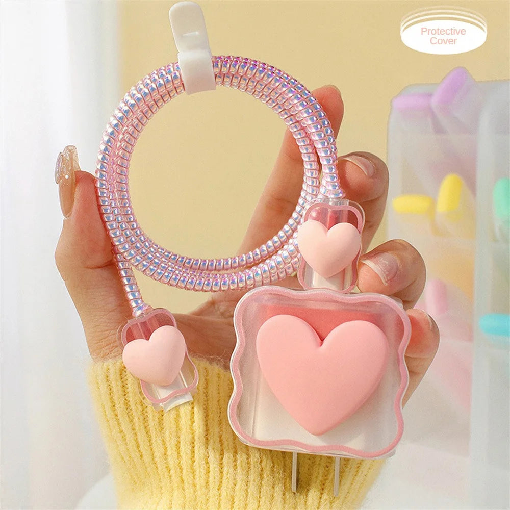 6PCS 3D Love Heart Silicone Charger Cable Protector Case Storage Bag For iPhone 20W 18W Charging Head Protective Cover Organizer