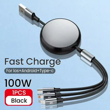 6A 100w  Data Cable 3 in1 Fast USB Cable Retractable Portable Charging Line Micro USB Type C Charger Cable For Iphine/Samsung