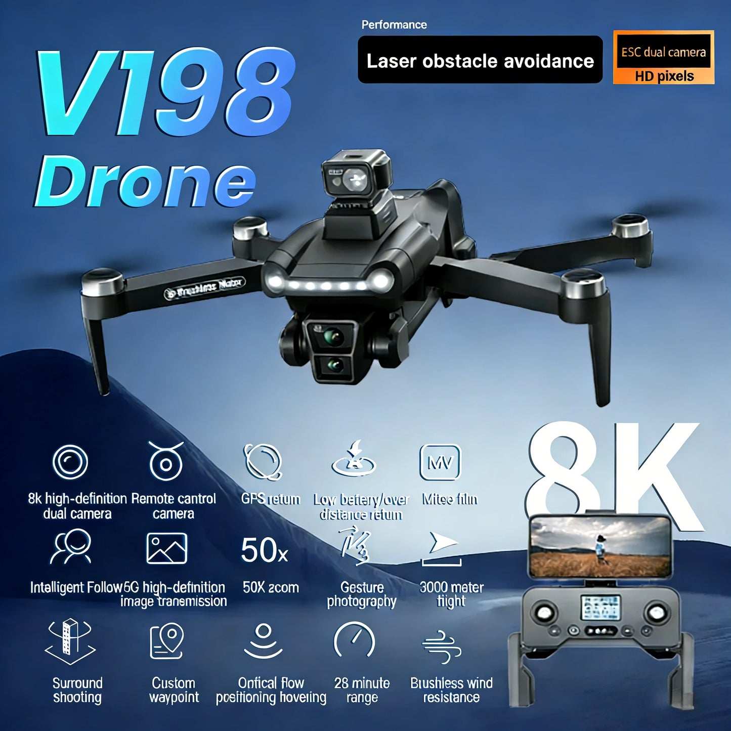 Original V198GPS Drone 4K Profesional FPV Brushless Laser obstacle avoidance Aerial Optical Foldable Quadcopter Mini 8K Dron