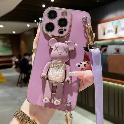 Plating Cover Quicksand Bear Stand Bracelet Strap Lanyard Phone Case For iPhone 15 14 13 12 11 Pro Max 7 8 Plus Phone Case