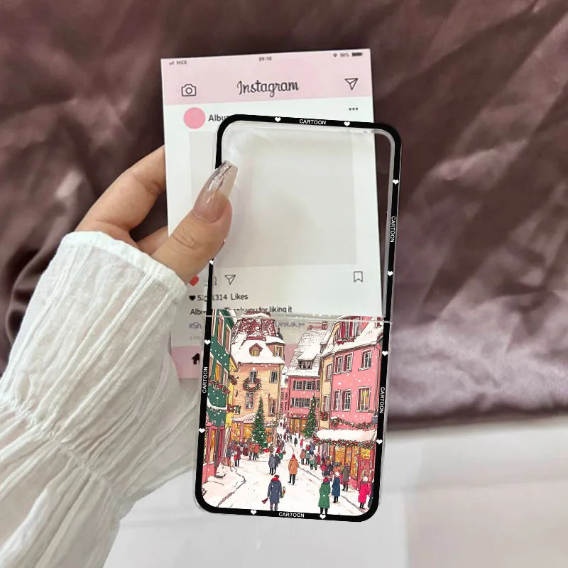 Winter Snow Landscape Phone Case For Samsung Galaxy Z Flip 7 Christmas Street Scenery Clear Hard Folding Cover For ZFlip7 Fundas