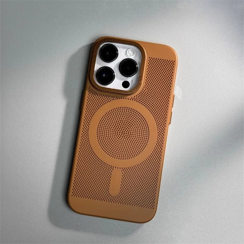 Honeycomb Grid Hole MagSafe Case for iPhone 16 15 Pro Max 14 Alloy Lens Summer Heat Dissipation Magnetic Back Cover PC Shell