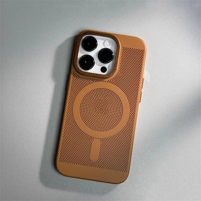 Honeycomb Grid Hole MagSafe Case for iPhone 16 15 Pro Max 14 Alloy Lens Summer Heat Dissipation Magnetic Back Cover PC Shell