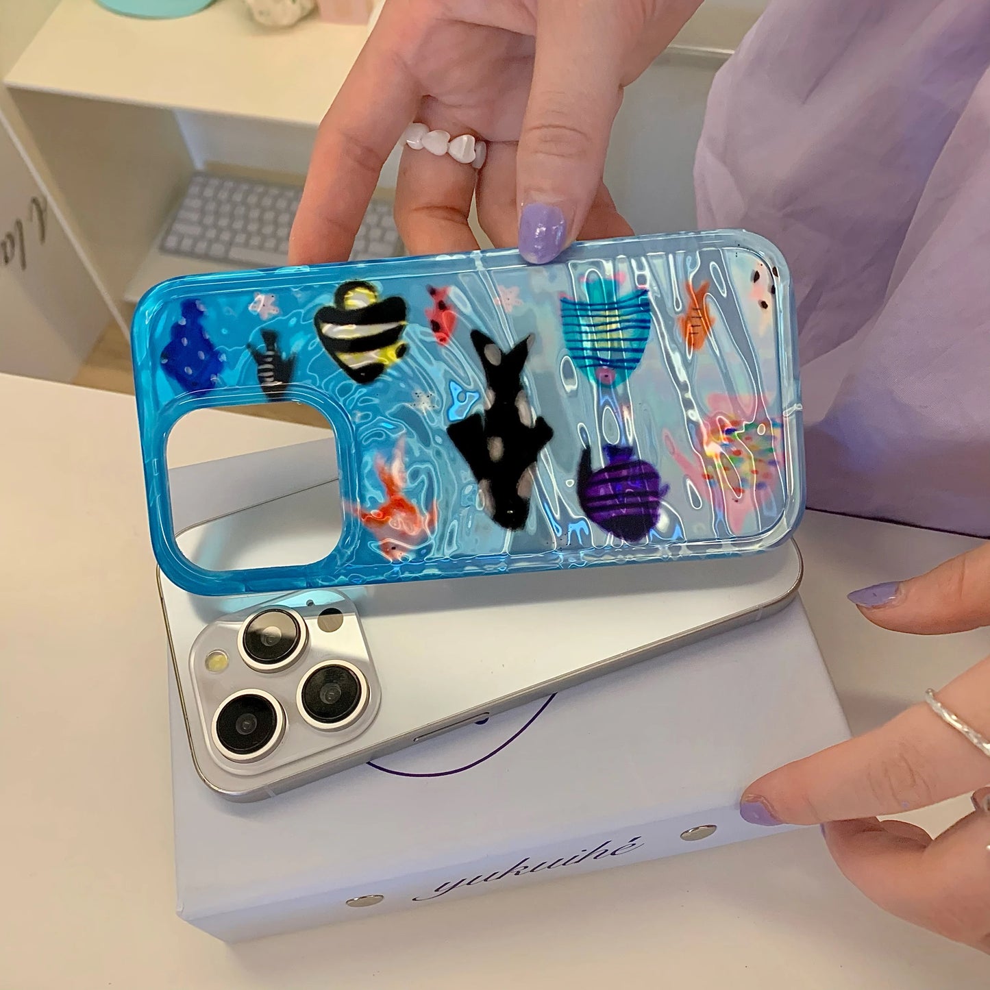 Korean Ins Ripple Texture Aquaria Lovely Fishes Case for iPhone 16 15 14 13 11 Pro Max Plus Back Phone Cover for 12 Pro Max