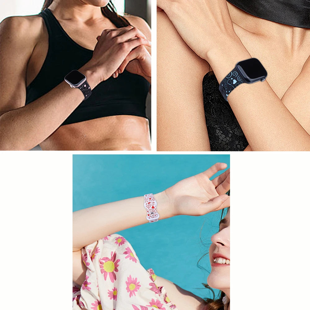 Lucky Heart Engraved Silicone watch Band for Apple Watch 38/40/41/42/44/45/46/49mm,  for iWatch Series 10 9 8 7 6 5 4 3 2 1 SE