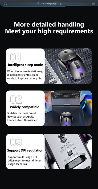 Inphic X2 Silent Bluetooth Mouse Metal Base Rechargeable Wireless Gaming Mouse For Computer Laptop Office Game