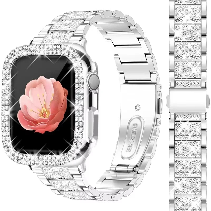 NEW Diamond case+Strap For Apple Watch Band 41mm 38mm 42mm  45mm 40mm 44mm Metal Belt IWatch Series 9 8 7 SE 6 5 Women Bracelet