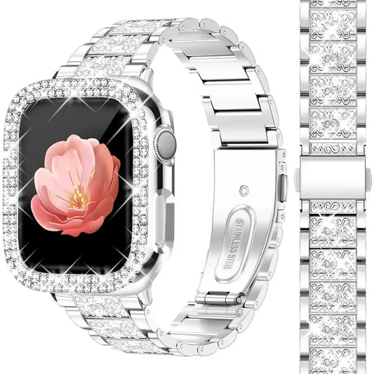 NEW Diamond case+Strap For Apple Watch Band 41mm 38mm 42mm  45mm 40mm 44mm Metal Belt IWatch Series 9 8 7 SE 6 5 Women Bracelet