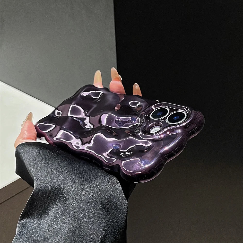 Glossy Wrinkle Plating Wave Border Phone Case for iPhone 16 15 Pro Max Plus 11 12 13 14 Meteorite Pattern Soft Silicone Cover