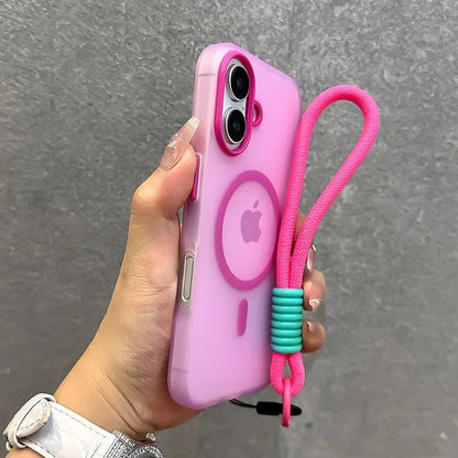 for Magsafe Candy Color Contrast Lanyard Case for iPhone 16 15 Pro Max 14 Plus 11 12 13 16e Hand Wrist Strap Matte Soft Cover