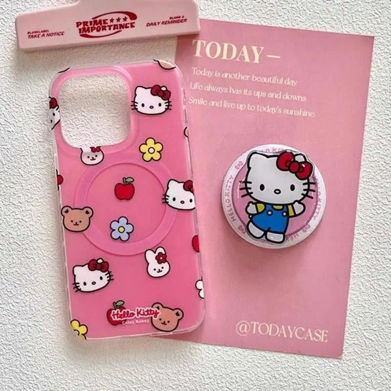 Cute Hello Kitty Magnetic Grip Holder Magsafe Wireless Charge Phone Chain Case For iPhone 16 15 12 Pro Max 14 Plus 13 Mini Cover