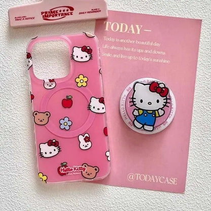 Cute Hello Kitty Magnetic Grip Holder Magsafe Wireless Charge Phone Chain Case For iPhone 16 15 12 Pro Max 14 Plus 13 Mini Cover