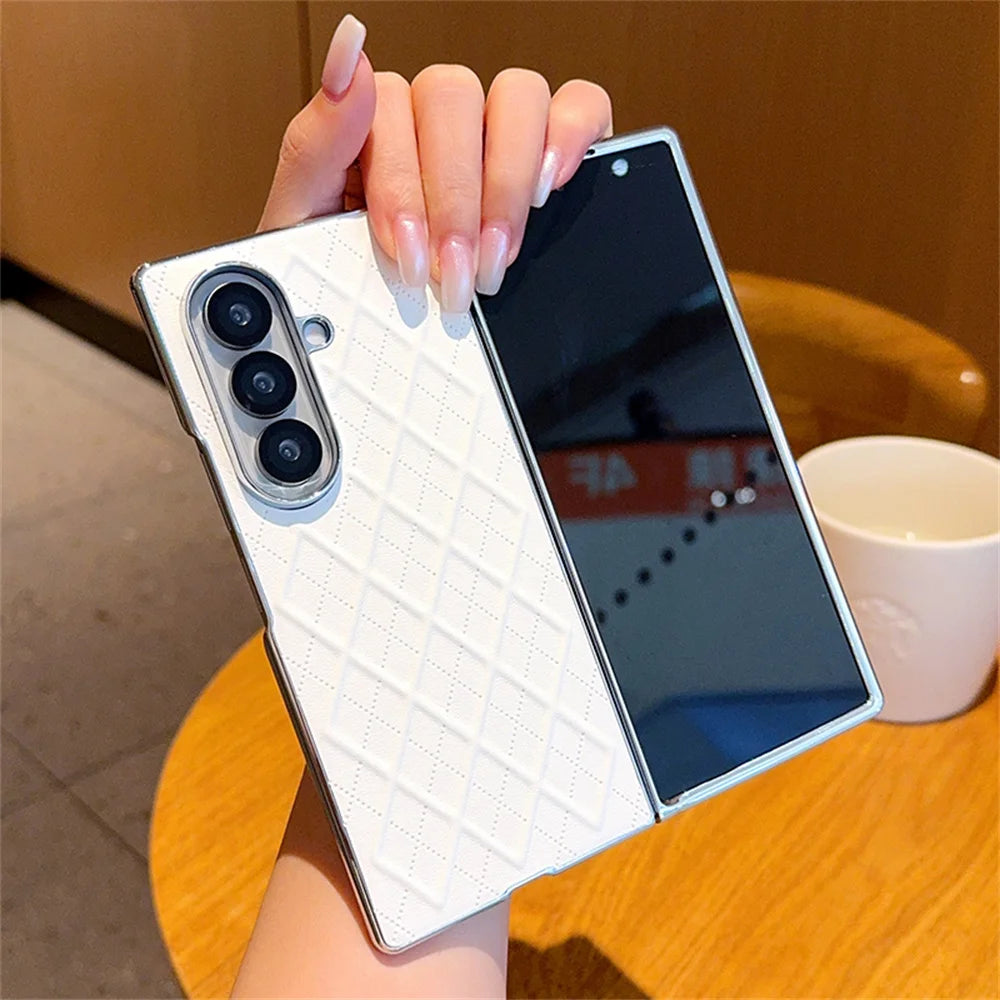 Luxury Lattice Leather Plating Phone Case For Samsung Z Fold 7 6 5 4 3 2 5G Shockproof Bumper Protection Solid Color Back Cover