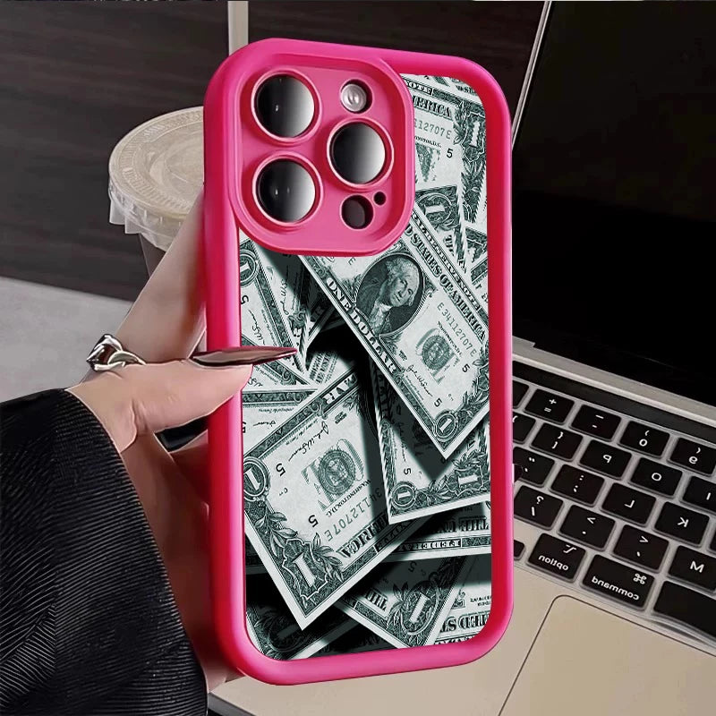 Pink Dollars Full-Coverage Banknote Design Silicone Phone Case For iPhone 16 15 14 13 12 11 Pro Max X XS XR 7 8 Plus Cover