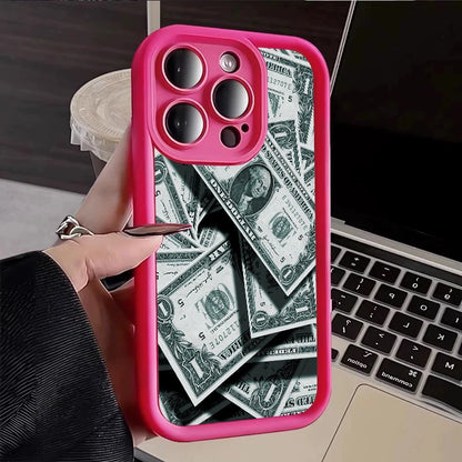Pink Dollars Full-Coverage Banknote Design Silicone Phone Case For iPhone 16 15 14 13 12 11 Pro Max X XS XR 7 8 Plus Cover