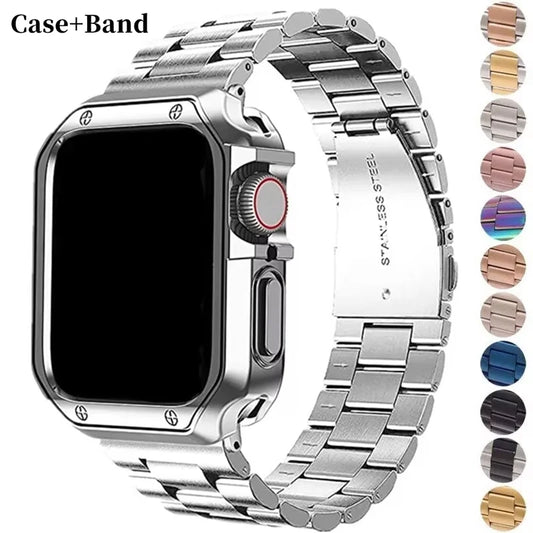 TPU Protector Case+Metal Strap For Apple Watch Ultra Band 49mm 45/44mm 41mm 40/38 Stainless steel Bracelet series 3 5 6 se 7 8 9