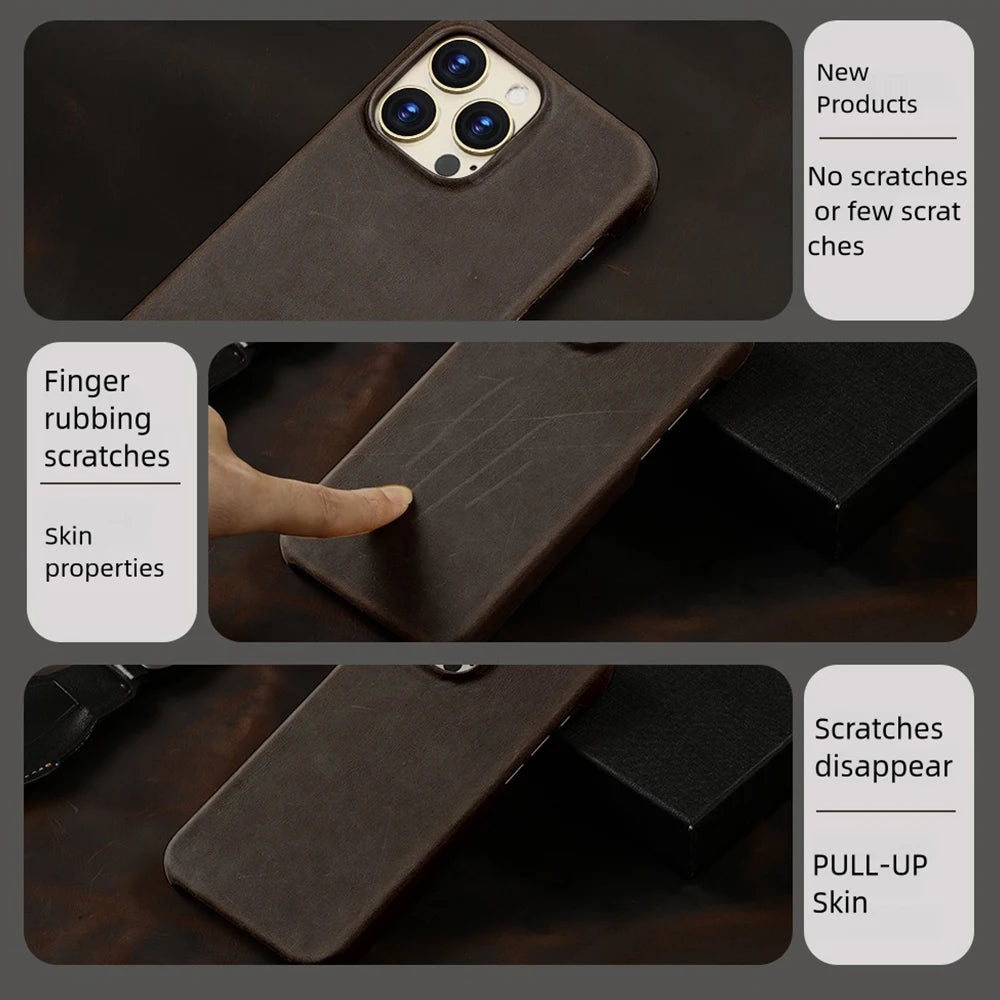 for Magsafe Case for iPhone 17 15 16 Pro Max Air Retro Luxury Full Grain Cowhide Genuine Oiled PULL-UP Leather Magnetic Cover