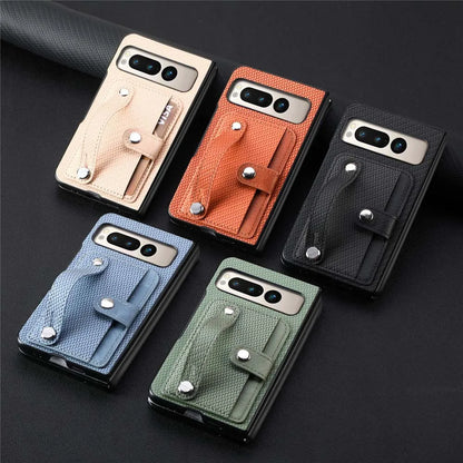 for Google Pixel Fold Case Shockproof Protect Lens Wristband Card Slot Stand Holder Shell PU Leather Carbon Texture Cover Fundas