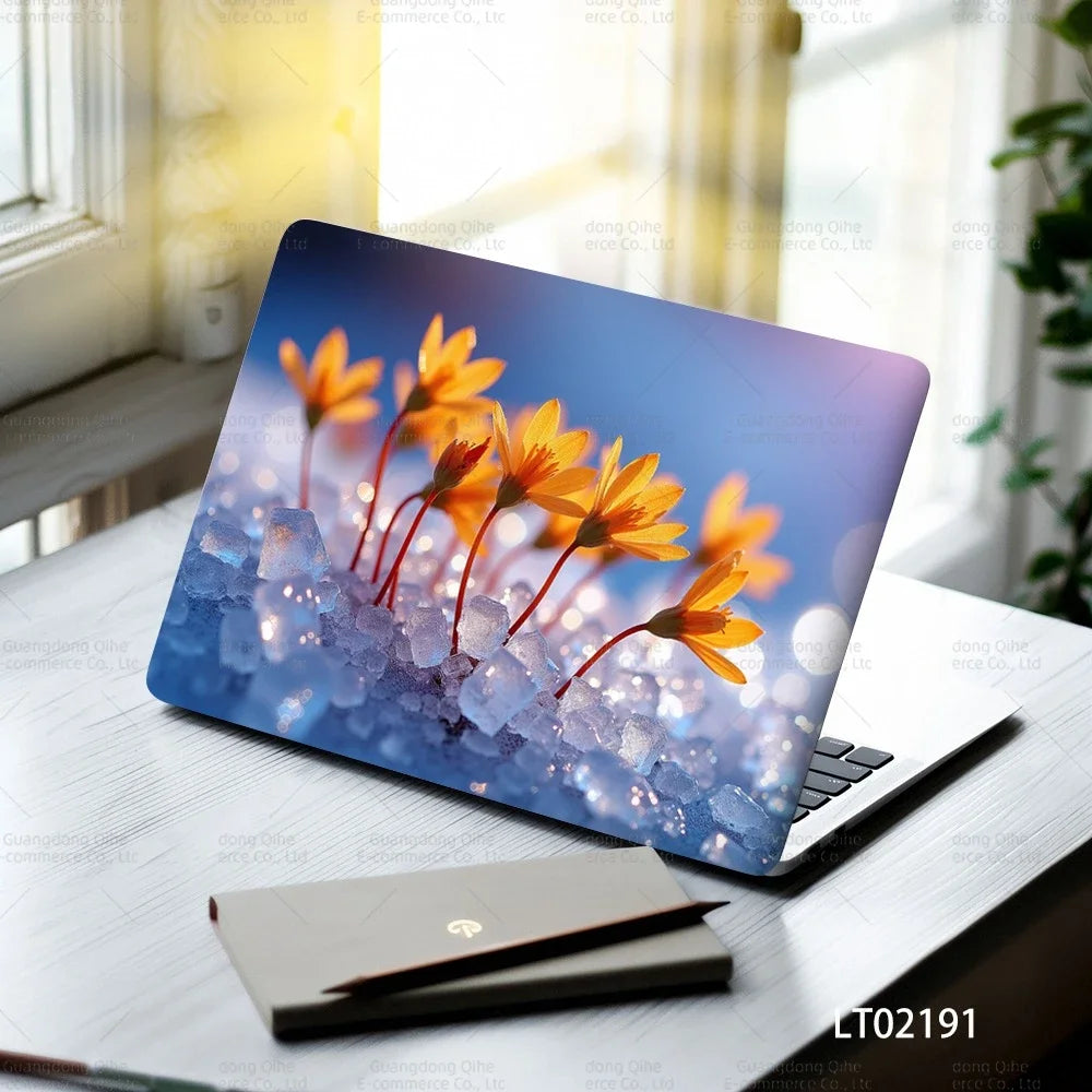 2PCS Christmas Flower Laptop Skin Stickers - Festive Holiday Floral Oil Painting Design, Waterproof PVC Decal Computer Decor
