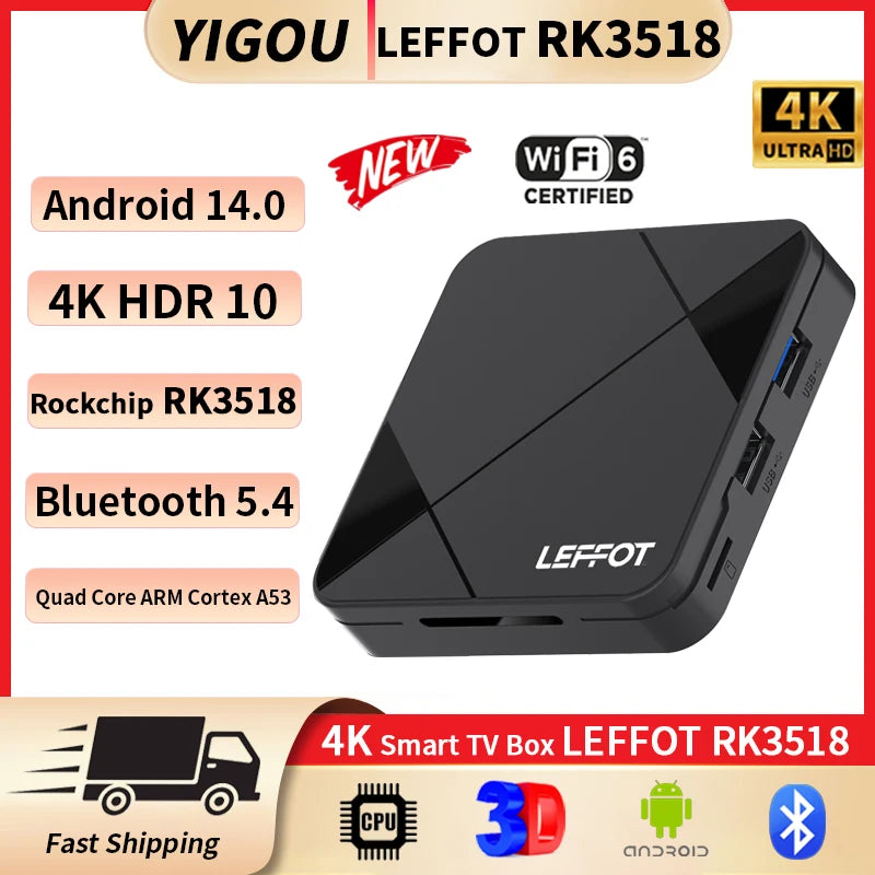 LEFFOT RK3518 Android 14.0 Smart TV Box RK3518 4K With Wifi 6 Smart 3D Google Assistant Netflix YouTube BT5.4 Smart TV Box