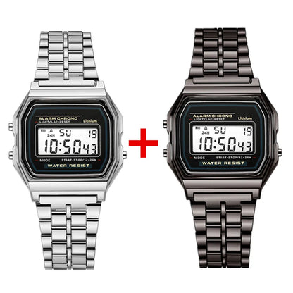 2Pcs Fashion Digital Men's Watches Gold Luxury Stainless Steel Link Bracelet Wrist Watch Band Business Electronic Male Clock