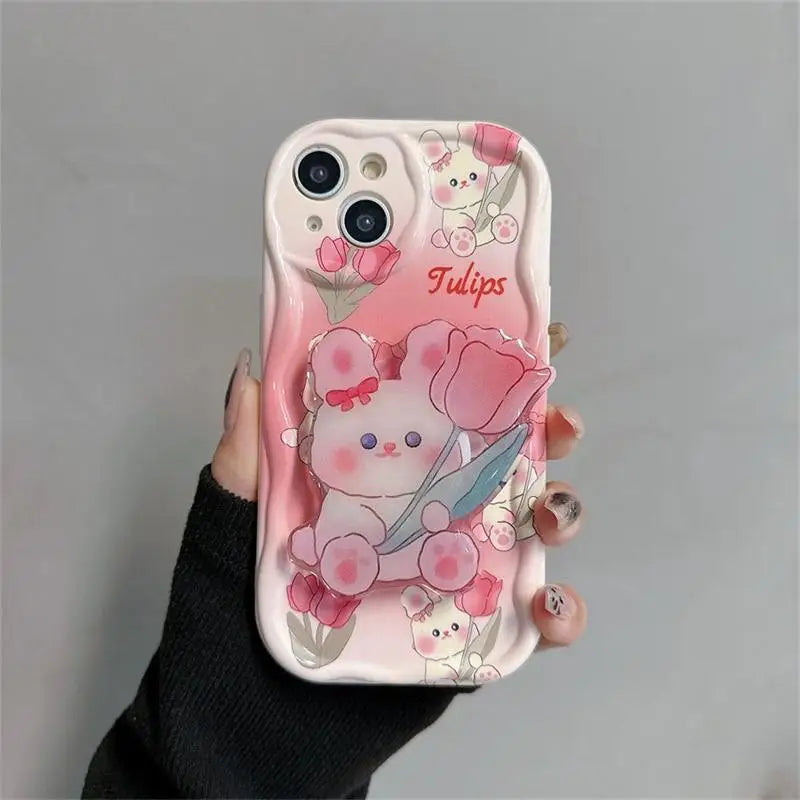 Color Smile Flower Grip Holder Wave Phone Case for Iphone 16 Pro Max 11 12 13 14 15 Pro Max 6 6S 7 8 Plus XR 13 Mini Soft Cover