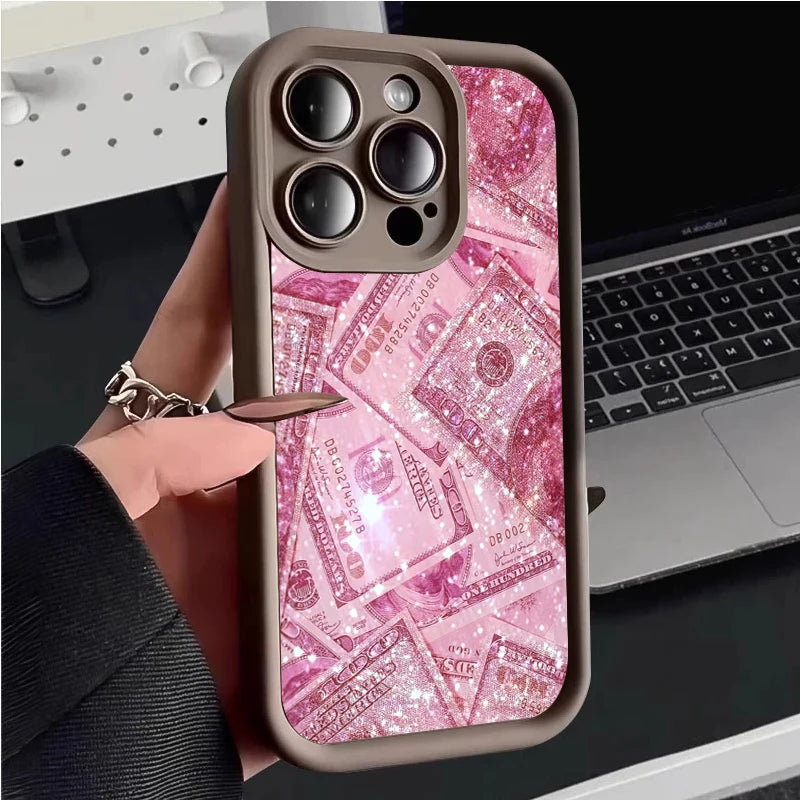 Pink Dollars Full-Coverage Banknote Design Silicone Phone Case For iPhone 16 15 14 13 12 11 Pro Max X XS XR 7 8 Plus Cover