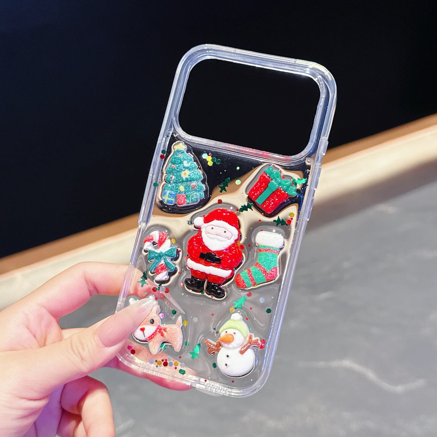 3D Cute Cartoon Christmas Santa Claus Creative Drop Glue Glitter Phone Case for iPhone 17 Air 16 15 14 13 Pro Max Plus Cover
