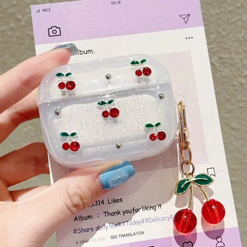 Cute Cherry Decor Clear Glitter Earphone Case for AirPods Pro2, Pro3, Pro with Cherry Charm Protective Case for AirPods 1/2 3 4