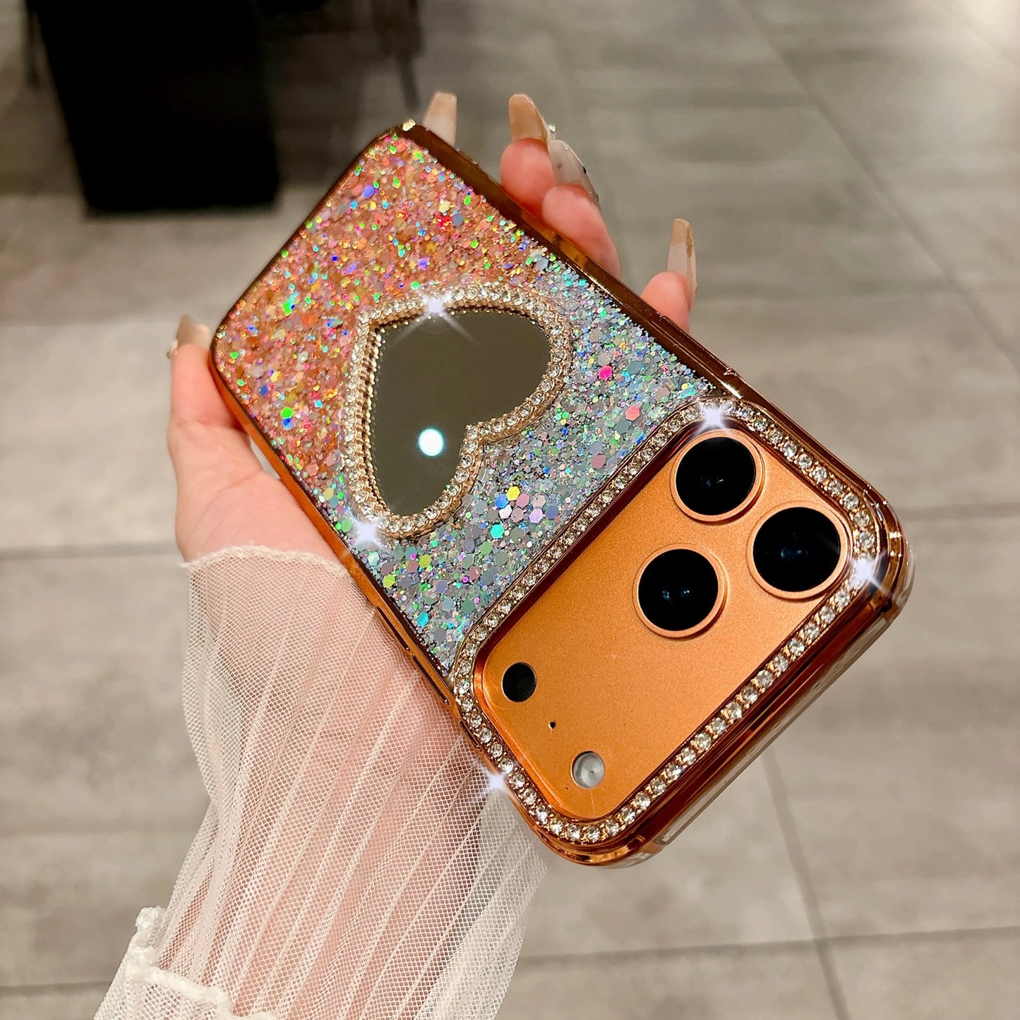 Luxury Diamond Love Heart Mirror Phone Case for iPhone 17 Air 16 15 14 13 Pro Max 17Pro Girls Gradient Shiny Plating Soft Cover