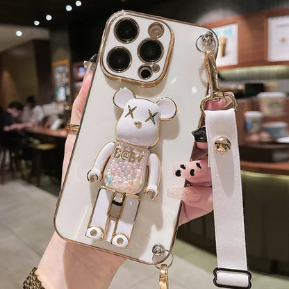 Plating Cover Quicksand Bear Stand Bracelet Strap Lanyard Phone Case For iPhone 15 14 13 12 11 Pro Max 7 8 Plus Phone Case