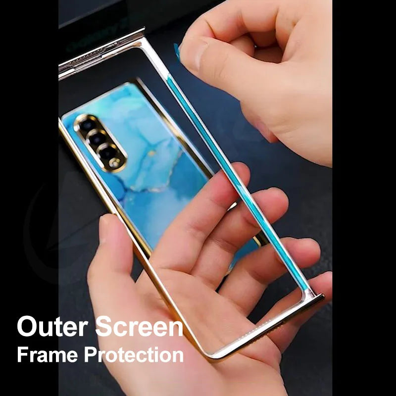 Luxury Plating Frame Case For Samsung Galaxy Z Fold 4 5G Painted Pattern Tempered Glass Hard Cover For Galaxy Z Fold5 4 3 Case