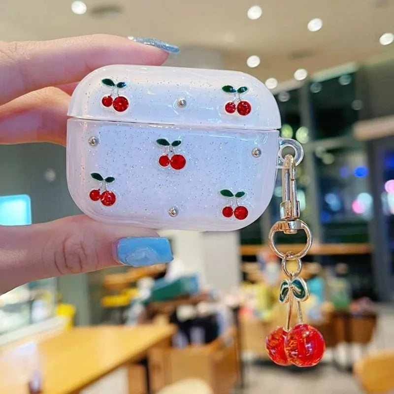 Cute Cherry Decor Clear Glitter Earphone Case for AirPods Pro2, Pro3, Pro with Cherry Charm Protective Case for AirPods 1/2 3 4