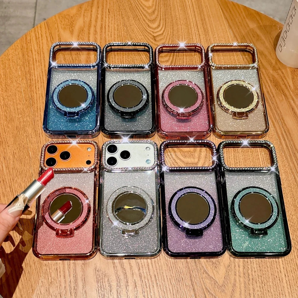 Luxury Diamonds Mirror Bracket Magsafe Case For iPhone Air 17 Pro 16 15 14 13 12 11 Pro Max Plus Gradient Glitter Magnetic Cover