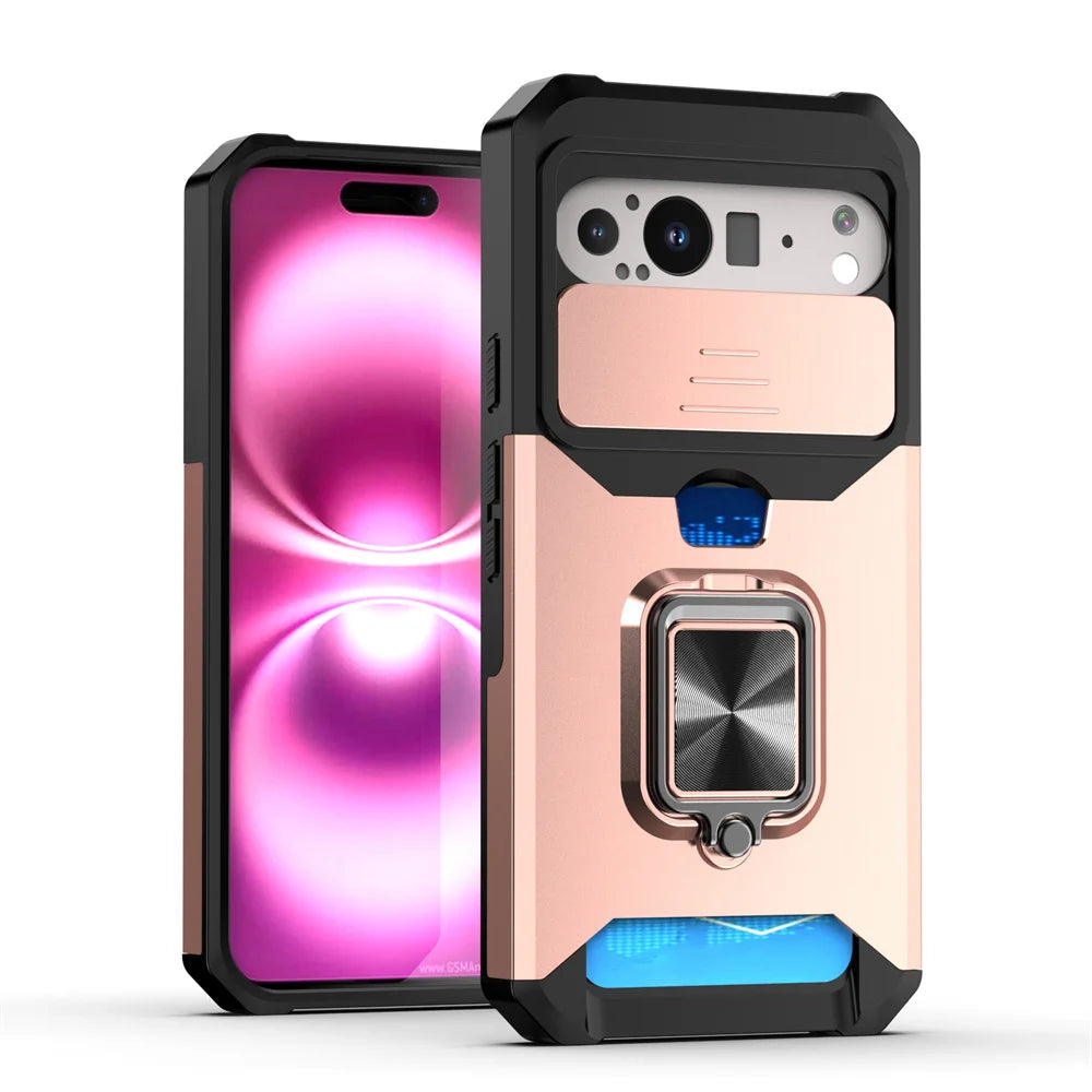 Slide Camera Protection Magnetic Phone Case For Google Pixel 9 8 8A Pro 7A 7 6 6A 5 5A Luxury Push Card Folding Ring Stand Cover