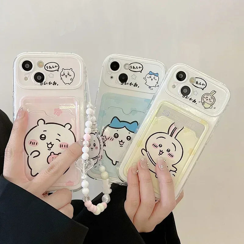 Cute Cartoon Japan Anime Chiikawa Card Wallet Pocket Phone Case For iPhone 16 15 14 13 12 11 Pro Max Cover With Lanyard