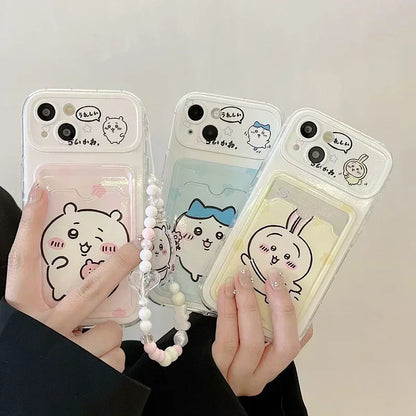 Cute Cartoon Japan Anime Chiikawa Card Wallet Pocket Phone Case For iPhone 16 15 14 13 12 11 Pro Max Cover With Lanyard