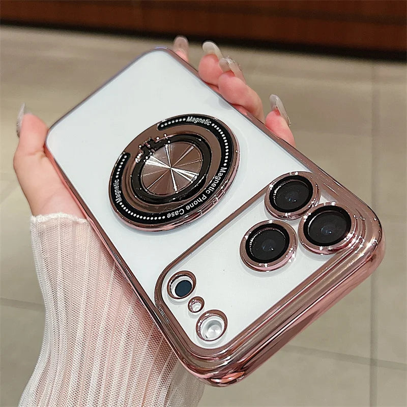 Luxury Plating 360 Rotate Ring Bracket Magnetic For Magsafe Case For iPhone 17 Air 16 15 14 Plus 13 12 11 Pro Max 16E Soft Cover
