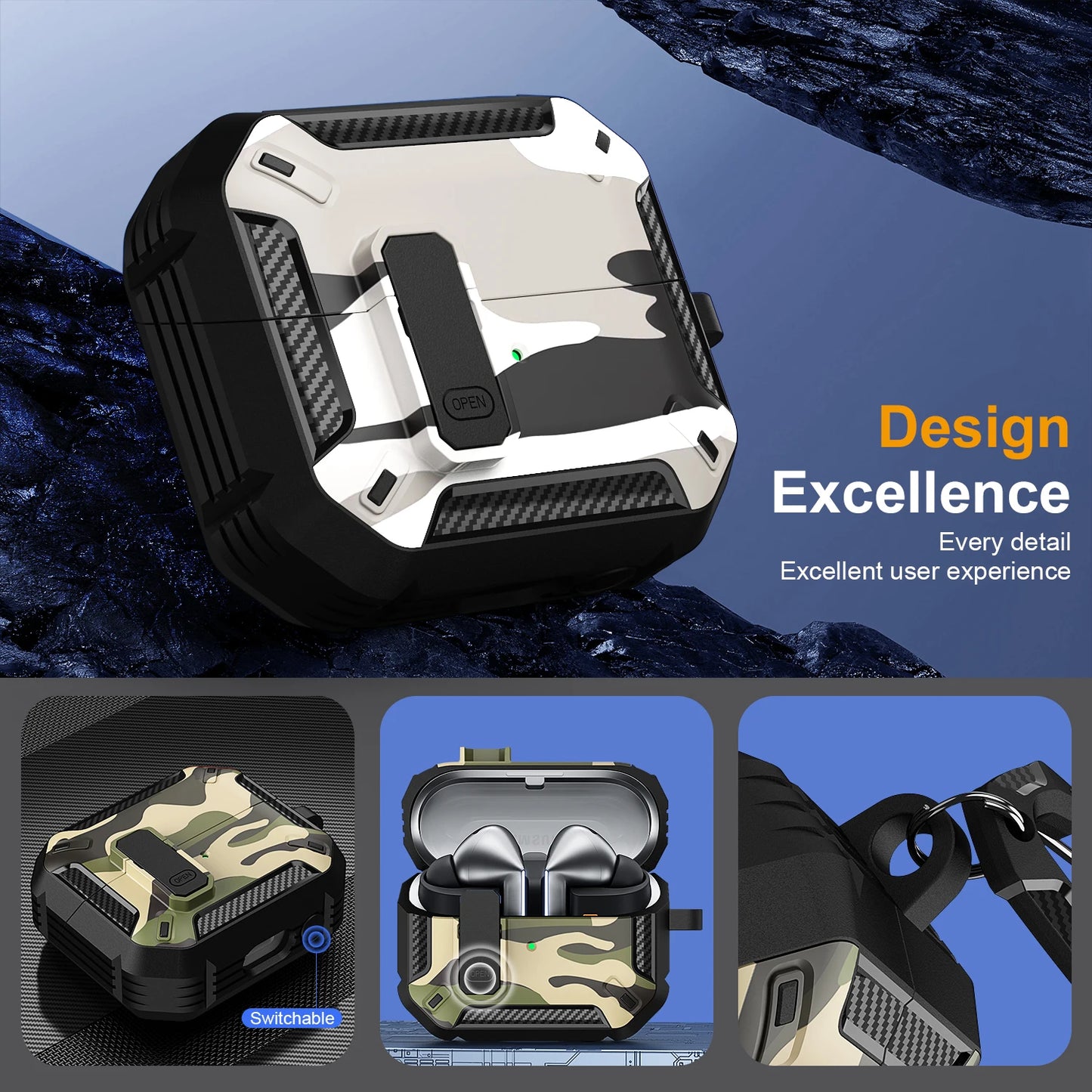 Stylish Camouflage Cover For Samsung Galaxy Buds 3 Pro Buds3 Pro Buzz 3 Pro Case With Lock Rugged Shell Armor Shockproof Sleeve
