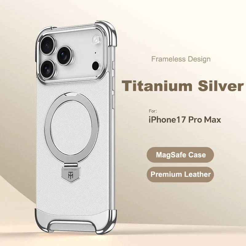 Luxury Leather Ultra Thin Frameless Magnetic Case For iPhone 17 16 15 14 13 Pro Max 17Air 17Pro Metal Bracket Anti-Drop Bumper