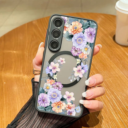For Samsung Galaxy A14 A15 A55 A54 A56 A25 S25 Edge S24 S23 S22 Ultra Plus S21 S25 FE Flowers Case Magnetic Magsafe Matte Cover
