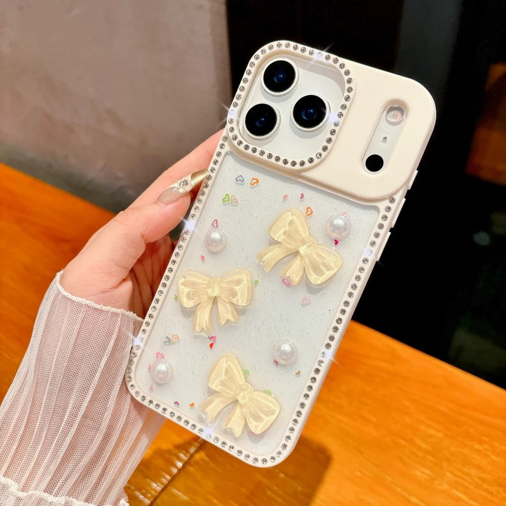 Shiny Diamond 3D Pearl Bow Phone Case For iPhone 17 AIR 16 15 14 13 Pro Max 17pro Plating TPU Epoxy Shockproof Transparent Cover
