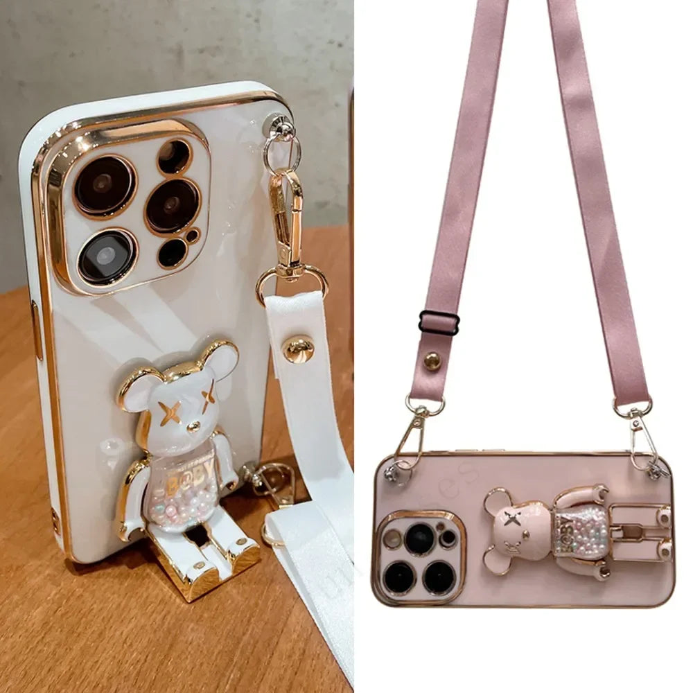 Plating Cover Quicksand Bear Stand Bracelet Strap Lanyard Phone Case For iPhone 15 14 13 12 11 Pro Max 7 8 Plus Phone Case