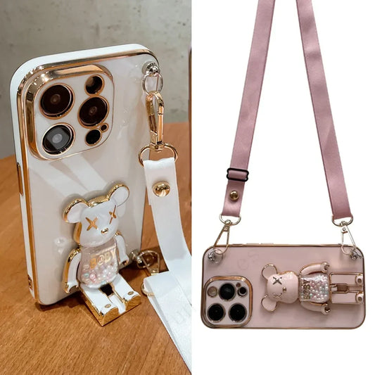 Plating Cover Quicksand Bear Stand Bracelet Strap Lanyard Phone Case For iPhone 15 14 13 12 11 Pro Max 7 8 Plus Phone Case