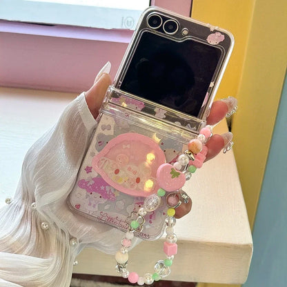 Cute Cartoon Sanrio Hello Kitty Stand Holder Phone Case For Samsung Galaxy Z Flip 7 6 5 4 3 Case Soft TPU Cover With Lanyard