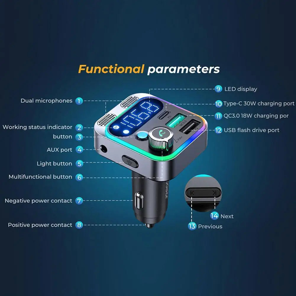 48W Car Adapter Bluetooth 5.2 FM Transmitter For Car PD&QC3.0 Car Charger Bluetooth Adapter Dual Mics Deep Bass Sound Hands-Free