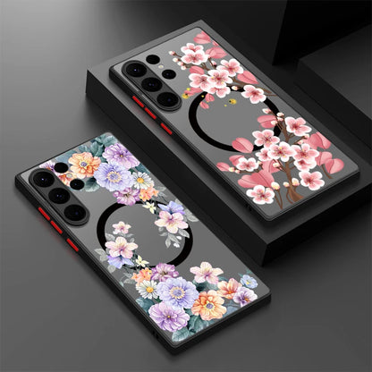 For Samsung Galaxy A14 A15 A55 A54 A56 A25 S25 Edge S24 S23 S22 Ultra Plus S21 S25 FE Flowers Case Magnetic Magsafe Matte Cover