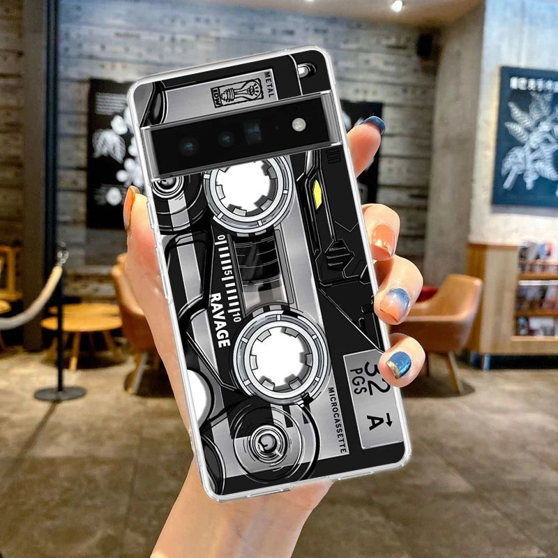 Phone Case For Google Pixel 9 8 7 6 9A 8A 7A 6A 5 4 5A 4A 3A Pro XL Soft Clear TPU Transparent Cover vintage Cassette Tape