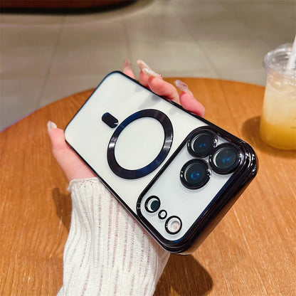 Luxury Plating Clear Case For iPhone 17 Air 16 15 14 13 12 11 17 Pro Max Shockproof Transparent Magnetic For Magsafe Lens Cover