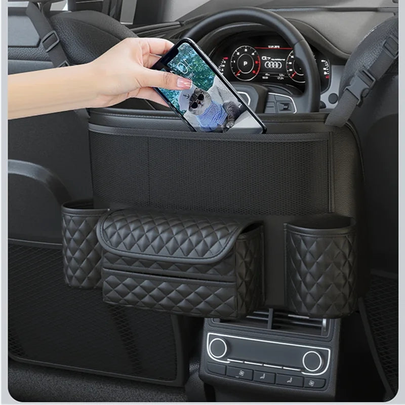Leather Car Seat Middle Hanger Storage Bag Luxury Auto Handbag Holder Between Seats Tissue Water Cup Pockets Stowing Tidying